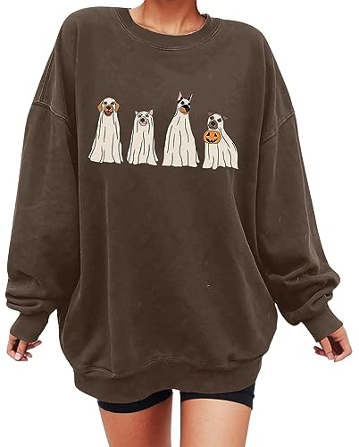 QWUVEDS Costume d'Halloween pour femme Halloween 2 Sweat-shirt surdimensionné brossé avec impression graphique d'Halloween et pull à manches longues avec col rond pour femme, marron, S