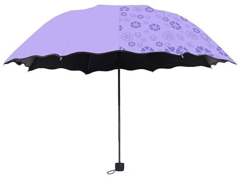 HIFFEY Tragbare Damen-Regenschirme, Winddicht, 3-Fach faltbar, Farbwechsel, Sonnenschirm, Rüschenrand, schwarzer Gummi, wasserdichter Regenschirm for Damen(Purple)