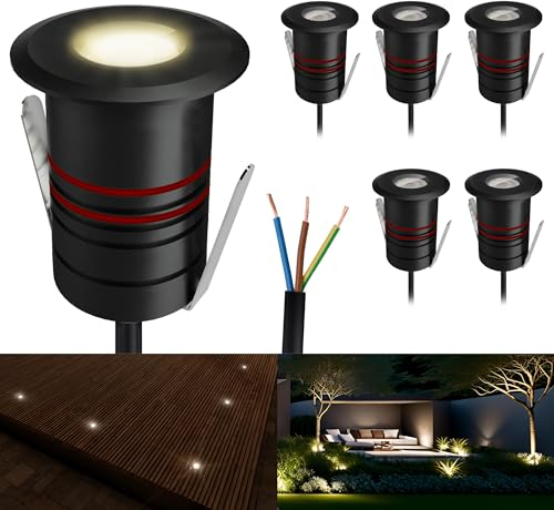 SSC-LUXon 6 Stück JAVO Bodeneinbauspots LED Außen 230V Erdstrahler warmweiß - Bodenleuchte klein begehbar IP67 schwarz Ø 47mm