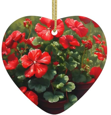 YYHHAOFA Rote Geranien Bild Weihnachten Keramik Liebe Anhänger - Festliche hängende Ornament für Geschäfte und Häuser 7,6 x 6,9 cm