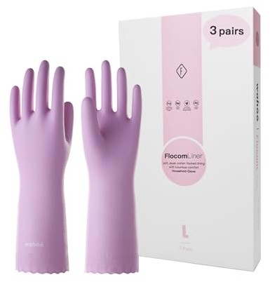 wahoo 3 Pairs Cleaning Gloves, Latex Free Washing up Gloves, Cotton Flocked Lined Dishwashing Gloves for Kitchen, Reusable, Waterproof, Non-Slip, Mauve Mist, Medium