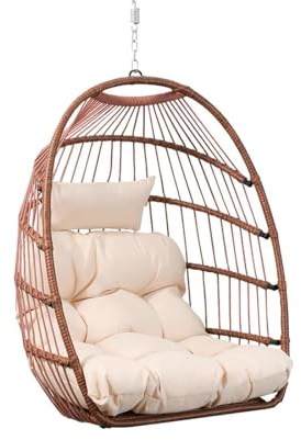 Goutime Silla Colgante de Huevo con cojín Resistente a los Rayos UV, Silla oscilante Plegable con Capacidad de 204KG para Interiores y Exteriores, jardín, Patio Trasero (Marrón Rojizo sin Soporte)