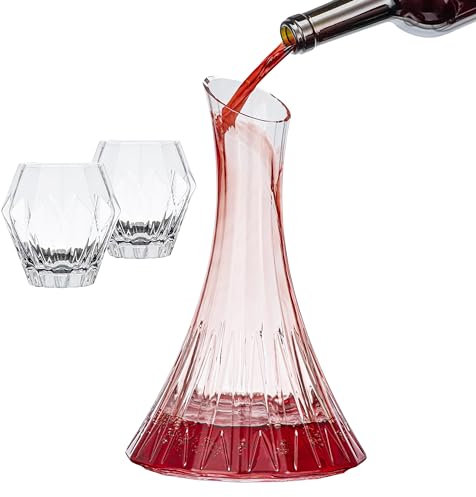 Set decanter per vino con due bicchieri da vino, caraffa aeratore decanter per vino, caraffa aeratore soffiato a mano, 100% vetro di cristallo senza piombo, aeratore portatile, regali per vino,