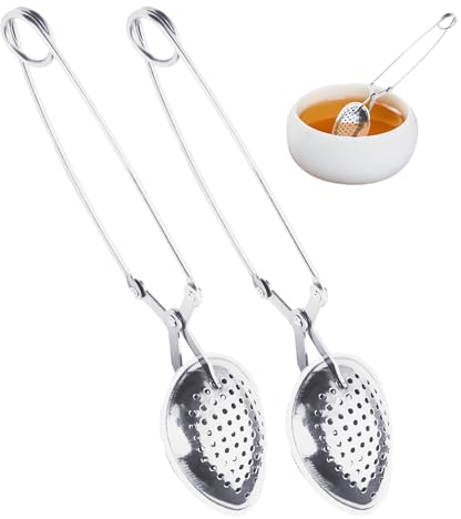 2 cucchiaini da tè in acciaio inox, colino per teiera, filtro per teiera con manico lungo, filtro per tè, accessori per teiera, sfere per spezie in acciaio inox