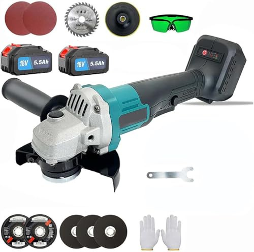 Cordless Angle Grinder 18V,Brushless Motor,with 2X 5.5Ah Battery and Charger,13 Accessories,11000RPM, 125mm 5 Disc,for Grinding, Cutting, Brushing and Sanding