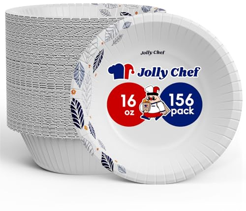 JOLLY CHEF 156 Count Paper Bowls 16 OZ with Leaf Floral Print, Heavy-duty Bowls Bulk Perfect for Parties,Picnics,and Everyday Use