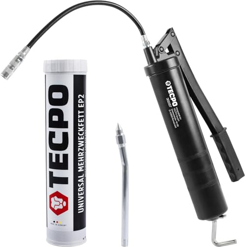 TECPO Universal Mehrzweckfett EP2 400g Kartusche Schmierfett, Lithiumfett, Universalfett, KFZ-Schmierung, wasserbeständig, KP2K-30 Lithium Fett + Einhandfettpresse mit Handhebel inkl. Panzerschlauch