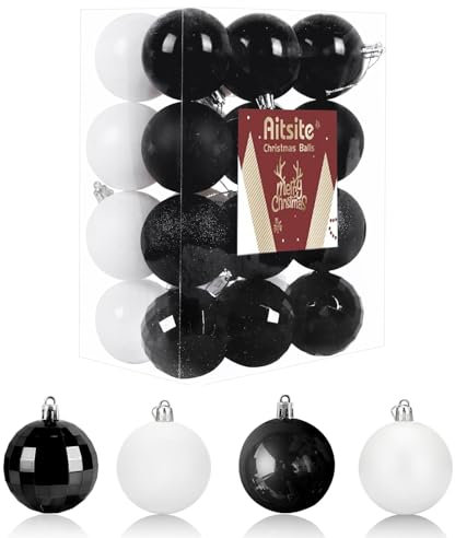 24 Stück Weihnachtskugeln Weiß/Schwarz, 6CM Christbaumkugeln Kunststoff Bruchsicher Weihnachtsbaumkugeln Christbaumschmuck Christbaumkugeln für Weihnachtsbaum Neujahr Festival Ornamente