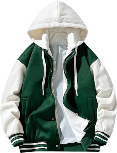 Giacca da Baseball da Uomo alla Moda con Bottoni e Cappuccio a Maniche Lunghe per Ragazzi Autunno Inverno Tendenza all'aperto Abbigliamento da Baseball Universitario Largo (Verde,L)