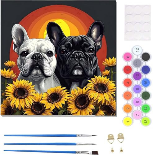 Sonnenblume Hunde Malen Nach Zahlen Erwachsene, Handgemalt Ölgemälde Leinwand Kits, Bastelset AnfäNger Knitterfreie Leinwand, Pinsels Und Acrylfarbe, Malen Nach Zahlen Set Als Geschenk 60x60cm U-9393