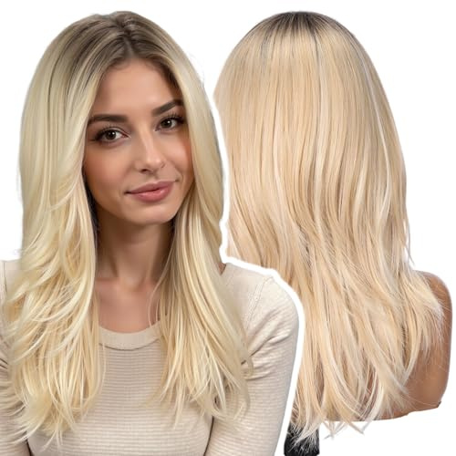 WOKESTAR Natürliche Lange Perücken für Frauen mit Fransen Synthetisches Hitzebeständiges Haar Blonde Perücke für Tägliche Party Cosplay Verwendung