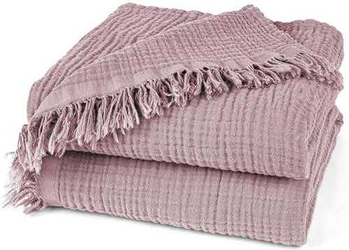 Pure Label Musselin Decke 150x200 Mauve aus Baumwolle | Oeko-Tex zertifizierte- 3-lagige Musselin Kuscheldecken für Couch & Sofa