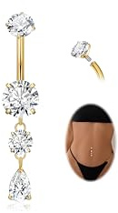 LOAYHOAY G23 Pure Titanium Dangle Belly Button Rings for Women Internally Thread Curved Barbell Belly Rings Dangling Navel Rings CZ Teardrop Navel Piercing Jewelry Gold 10mm