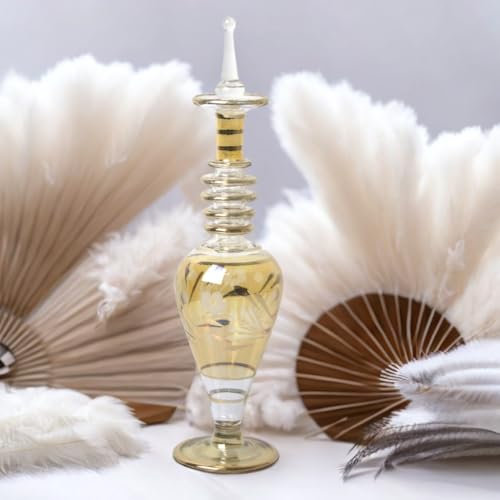 Botella de perfume de vidrio soplado dorado vintage vacía con cuello acanalado, botella de fragancia de vidrio hecha a mano con grabado, adornos de vidrio para regalo, botella recargable de vidrio