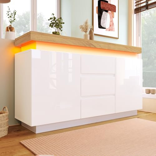 Kayan Kommode, Hochglanz Sideboard mit 2 Türen und 3 Schubladen, LED Beleuchtung (App Control), Mehrzweckschrank für Wohnzimmer und Schlafzimmer, 140 x 39 x 81 cm, Weiß