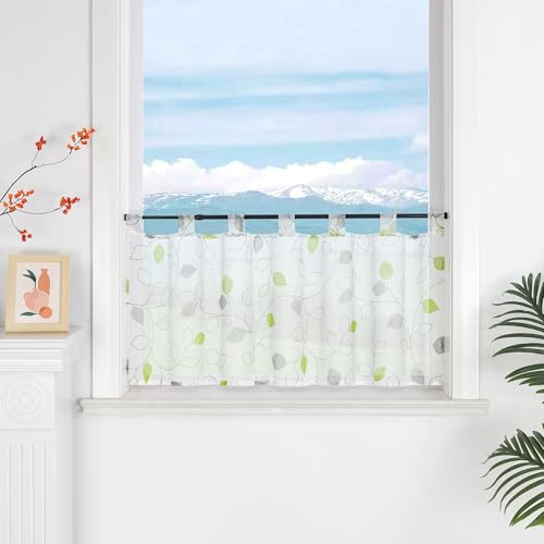 Delien Voile Scheibengardinen mit Schlaufen Bistrogardinen Weiß Transparente Küchengardinen mit Blattdruck Landhausstil für Fenster Deko 1 Stück,Grün,BxH 120x45cm