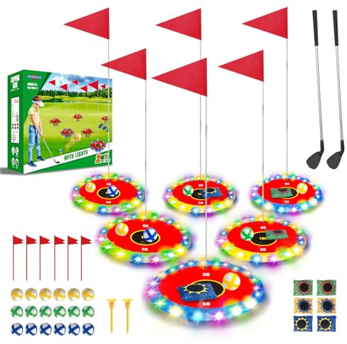TERRAMUS Glow in the Dark Golf & Toss Game, 2 in 1 LED Target Set with 2 Clubs, 18 Balls, 6 Bean Bags, Outdoor Indoor Backyard Toy for Kids Ages 4 5 6 7 8, Birthday Gifts for Boys Girls
