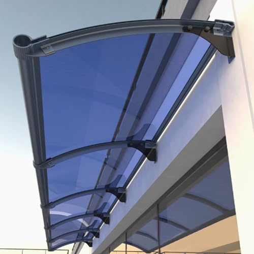 Auvent Voûté de Porte et Fenêtres,Toit Marquise en Polycarbonate Bleu avec Évier,Auvent de Porche,Terrasse Toit Abri Protection UV Silencieux,pour Garage,Balcon,Entrée,Bureau (80x110cm/31 x43)