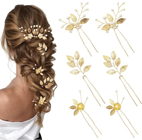 Yeomju 6 Pièces Épingles à Cheveux de Mariée Feuilles Dorées Perles Cristal Accessoires Cheveux de Mariage Vintage Décoration Cheveux avec Strass pour Mariées Demoiselles d'honneur Fille de Fleurs(3
