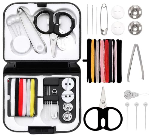 Diffaxy Mini kit de costura portátil, kit de costura para viajes y emergencias en el hogar, accesorios básicos pequeños con agujas, hilos, botones y tijeras (negro)