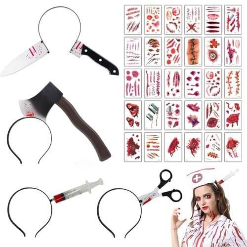 Spetsbst Halloween Messer im Kopf, Halloween Haarreif Plastik Beil Schere mit Scars Tattoo für Karneval Masquerade Cosplay