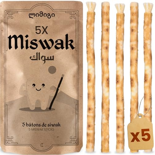 MODOGO Siwak x5, Bâton de Miswak en Bois d'Araq (Salvadora Persica), Brosse à Dents Naturelle, Nettoyante, Désinfectante, Blanchissante, Écologique, Biodégradable et Végan