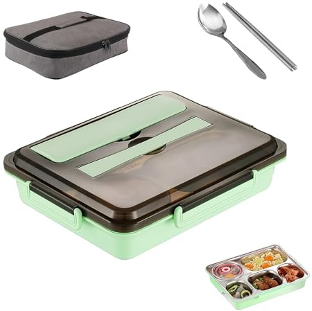 LWLWA Boite Repas Isotherme, 1500 ml Lunch Box Inox, Vert | Bento Box avec 5 Compartiments, Grand Format, Fourni avec Sac À Déjeuner et Couverts, pour Maison, Camping et Bureau