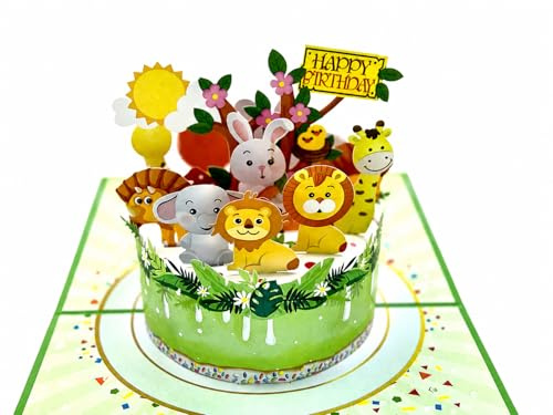 Pop-up Geburtstagskarte 3D – Tiere auf Torte – Kinder Geburtstag – Handgemachte Grußkarte mit Umschlag – 15x20 cm – Safari Tiermotiv