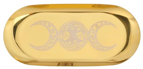 CREATCABIN 7 x 3.3 Inch Gold Metal Jewelry Tray Oval Jewelry Dish Vintage Retro Moon Altar Ritual Plate Stainless Steel Display Dish Holder for Rings Earrings Trinket Crystal Tarot Cards Display