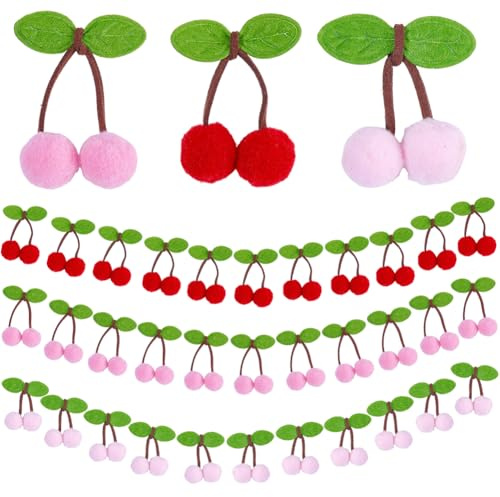 SUNNYCLUE 36 Guirnalda de Cerezas de 3 Colores para Decoración, Guirnalda Colgante de Cerezas, Pompones Rojos Y Rosados de Colores, Pancarta de Pared de Fieltro, Decoraciones de Frutas para el Hogar,