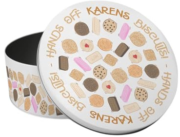 Purely Home Hands Off Personalised Novelty Cake Tin - British Biscuits Food Themed Gifts - Small Round Metal Storage Container for Baking 18 x 7cm