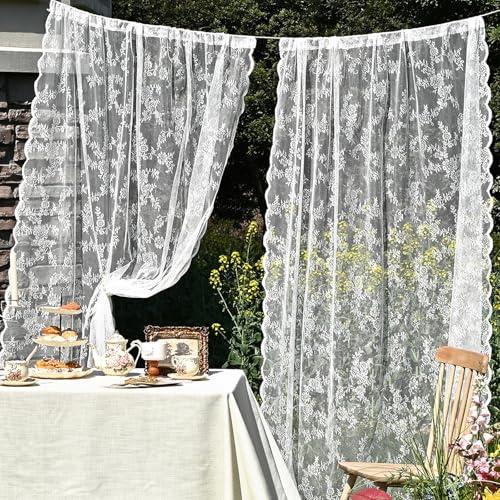 FOSDICK White Lace Curtains for Windows, Drop Vintage Flowers Lace Curtain Soft Lightweight, Country House Style Long Lace Net Curtains for Kitchen Bedroom Living Room Balcony W:75cm*L:200cm 1 Piece