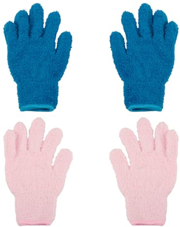 Lotsdonxia 2 Pairs Microfiber Dusting Gloves - Reusable Household Cleaning Gloves, Cratch-Free Dust Attraction Gloves for Blinds, Plants, Lamps & Car Interiors (Blue and Pink)