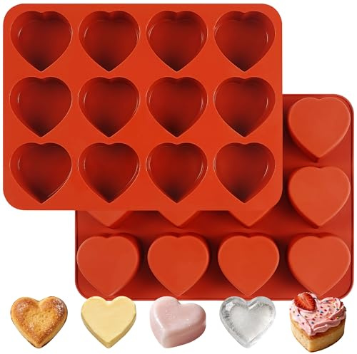 Wilewir 2Pcs Silicone Heart Muffin Pan for Baking, 12-Cavity Silicone Molds for Baking Muffins, Cupcake Pan for Brownies, Egg Bites, Tartlets, Chocolates