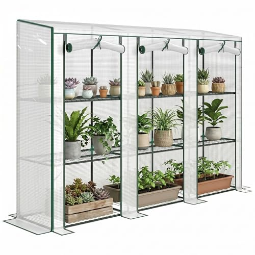Outsunny Invernadero de Exterior de 3 Niveles Invernadero de Jardín con 9 Estantes Puerta Enrollable con Cremallera Marco de Acero Cubierta de PE 140g/m² Anti-UV para Terraza 215x46x151cm Blanco