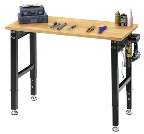 LUXOAK Höhenverstellbarer 110x51x73-98cm Werkbank Mit Steckdosen, 907 kg Belastbare Holzwerkbank Mit Haken, Massiver Gummiholz-Arbeitsplatte für Garage, Werkstatt, Holzbearbeitung und Home-Office