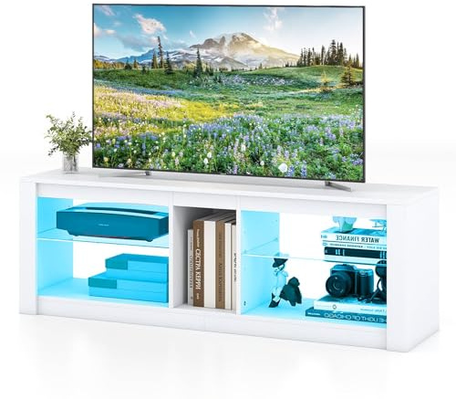 Multigot LED TV Stand for 65 Inch TVs, 140cm Media Entertainment Center TV Unit with RGB LED Lights and Adjustable Glass Shelves, Wooden TV Console Table for Living Room Bedroom (White)