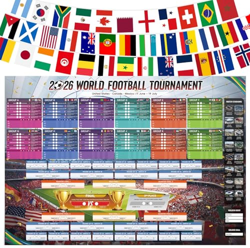 AhfuLife Tableau mural extra large de la Coupe du monde de football 2026 et guirlande de fanions de 15 m et 48 fanions pour décorations de fête, affiche de coupe du monde de 100 x 70 cm avec