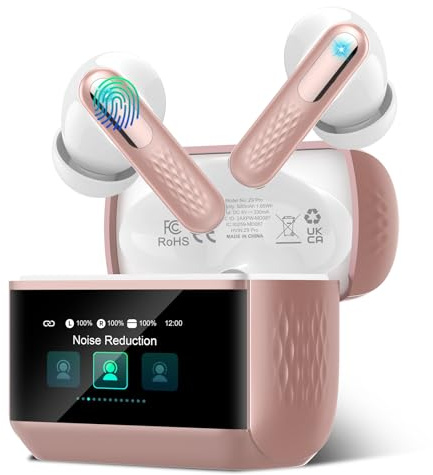 ZYHKON Bluetooth Kopfhörer mit Smart-Touchscreen Kabelloses Aufladen, USB-C Charging, IPX7 Wasserschutz, Dunkelrosa