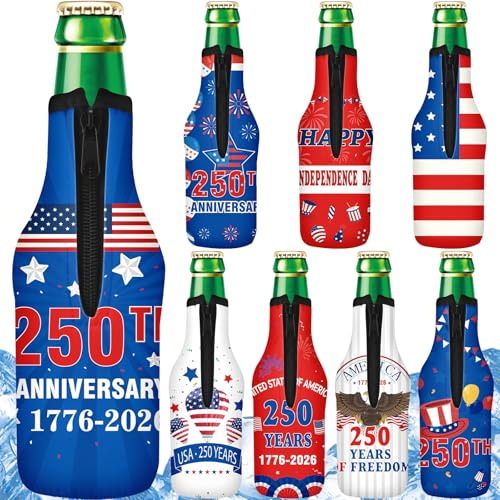 FoldTier 8 Pcs 250th Anniversary Beer Sleeves with Zipper 7'' x 3'' US 1776-2026 Bottle Jacket 4th of July Patriotic Decoration 250th Red White Blue Beer Sleeves for Independence Memorial Party Favors