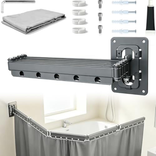 Wandmontierte Klappbare Duschvorhangstange mit Vorhang, 180 x 150 cm, Wasserdicht, 5-Fach, Ohne Bohren, Platzsparend, für Badezimmer, Badewanne und Umkleideraum