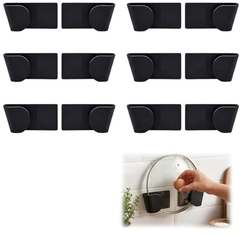 EujRcf 6 Pairs Pan Lid Holder, Saucepan Lid Holder Cupboard Door, No Drill Kitchen Lid Rack, Wall Mounted Pan Lid Storage Organiser for Kitchen, Restaurant, Cabinet, Wall (Black)