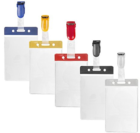 10 x Karteo® Ausweishülle mit Farbbalken schwarz und Clip | Kartenhalter vertikal | Halter für Karten Ausweise Dienstausweise Pässe