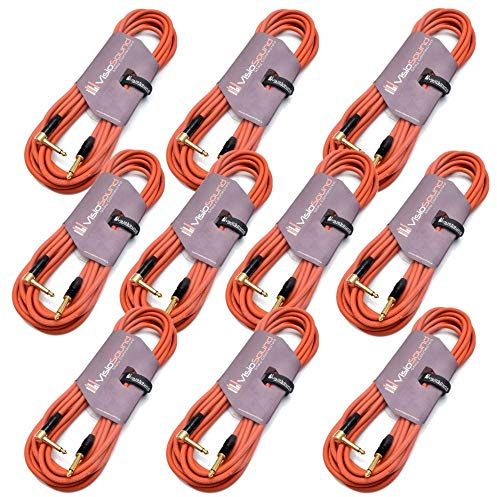 VisioSound Premium Guitar Bass Lead 6.35mm 1/4 Angled Jack/Pro Noiseless Instrument Cable (Red, 6m, Pack of 10)