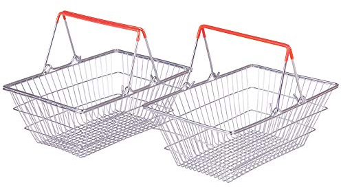 Bigjigs Toys Shopping Baskets | Set of 2 Realistic Metal Grocery Shop Toy | Comes with Small Collapsible Red Handles for Easy Storage | Accessories for Pretend Play | Toddler Gifts for Age 3+