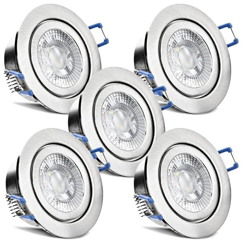 trendlights24 Mare IP44 Decken LED Bad Einbaustrahler flach 230V 5W 5er Set | Einbauleuchte, ultra flach, 35 mm ET, LED Spot, 400lm, 3000k, Warmweiß, Edelstahl Optik gebürstet, rund, Feuchtraum, außen