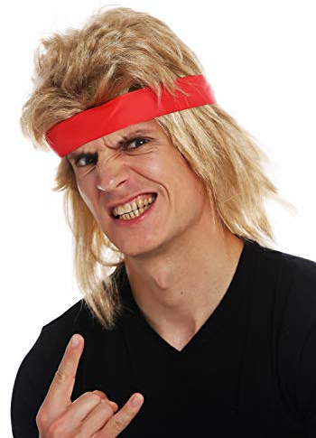 WIG ME UP - SARL002-FR7-02 Perücke Halloween Karneval Herren lang blond Vokuhila Stirnband 80er Actio-Star Wrestler