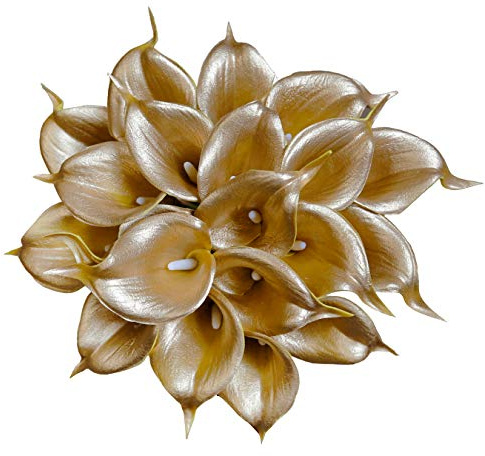 DuHouse 20Pcs Artificial Calla Lily Flower Real Touch Latex Flowers for DIY Wedding Bouquet Party Home Decor (18k Gold)