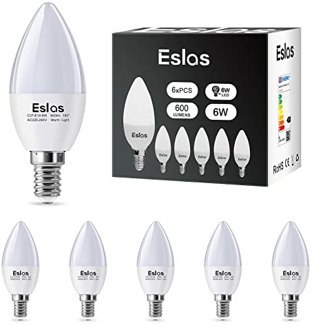 Eslas E14 LED Candle Light Bulb, Warm White 3000K, 6W 600LM, Pack of 6 | 60 Watt Equivalent, C37 SES Small Edison Screw Bulb for Chandeliers, Wall Sconces, Non-Dimmable