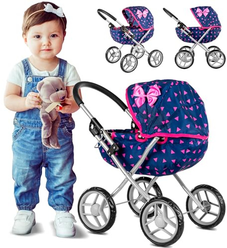 Kinderplay Carrozzina per Bambole – Navicella Gioco Leggera e Stabile – Manico 54 cm – Ruote Silenziose Antigraffio – da 3 Anni